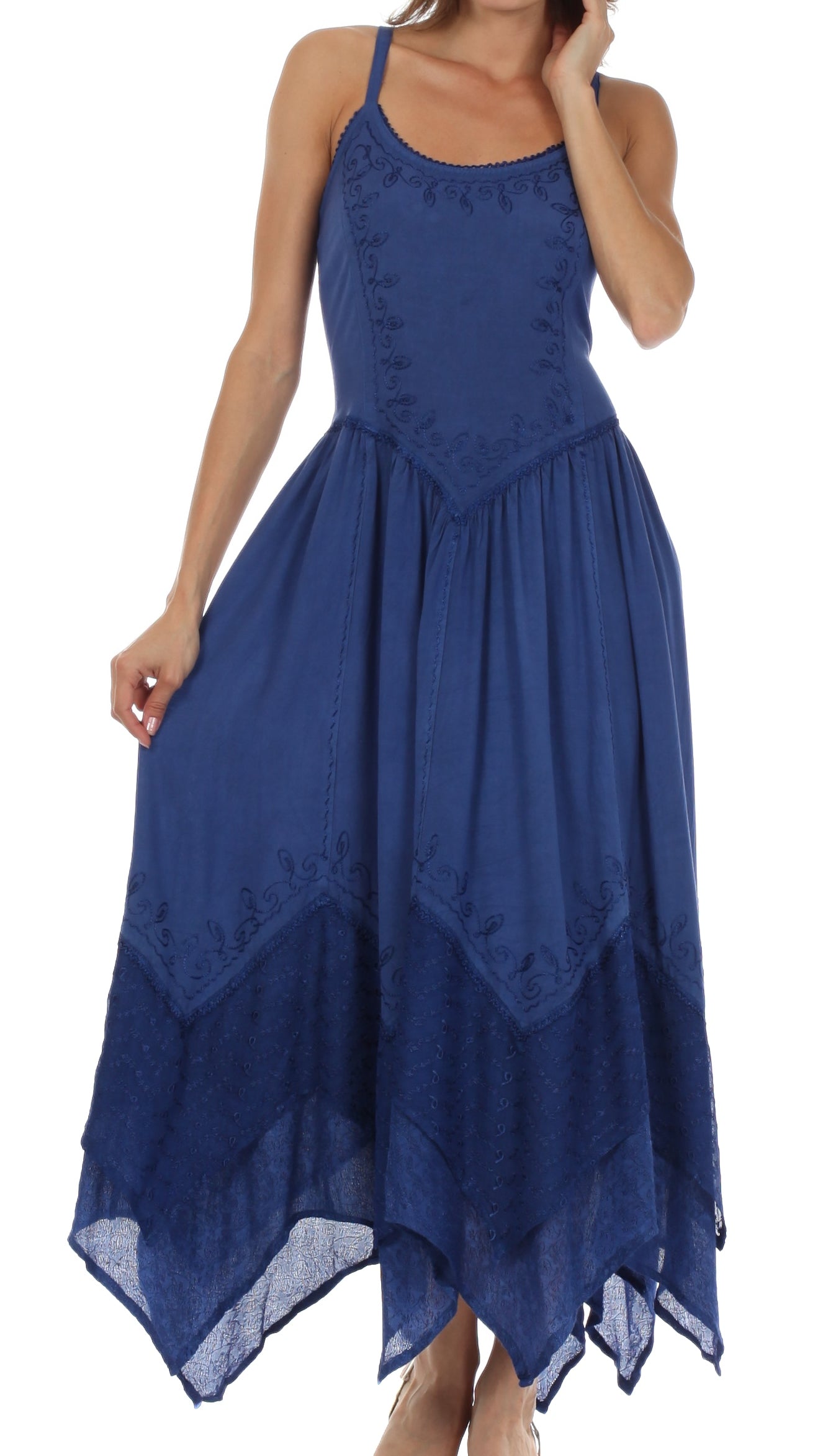 Sakkas Rayon Embroidered Stonewashed Adjustable Spaghetti Straps Long Dress