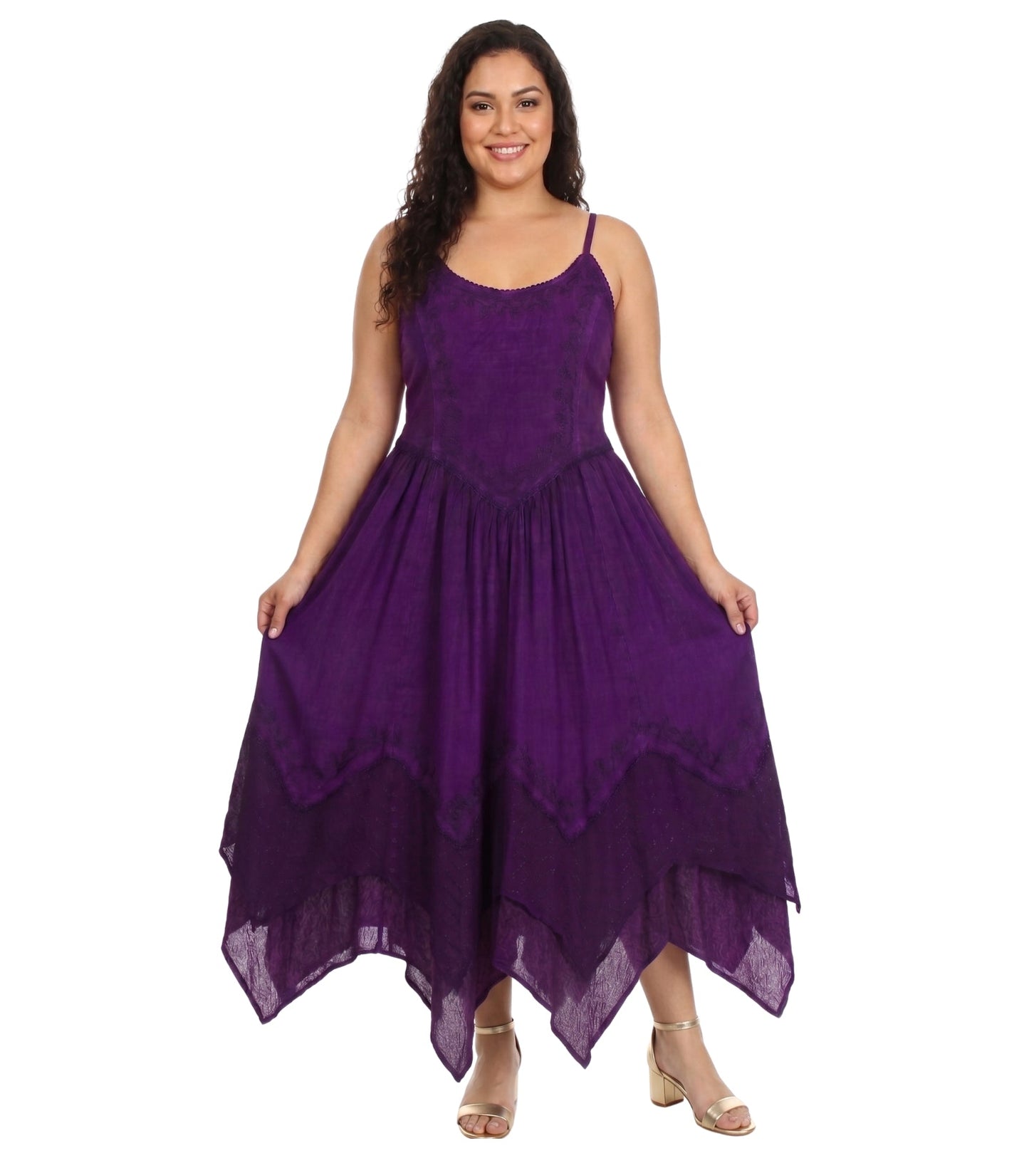 Sakkas Rayon Embroidered Stonewashed Adjustable Spaghetti Straps Long Dress