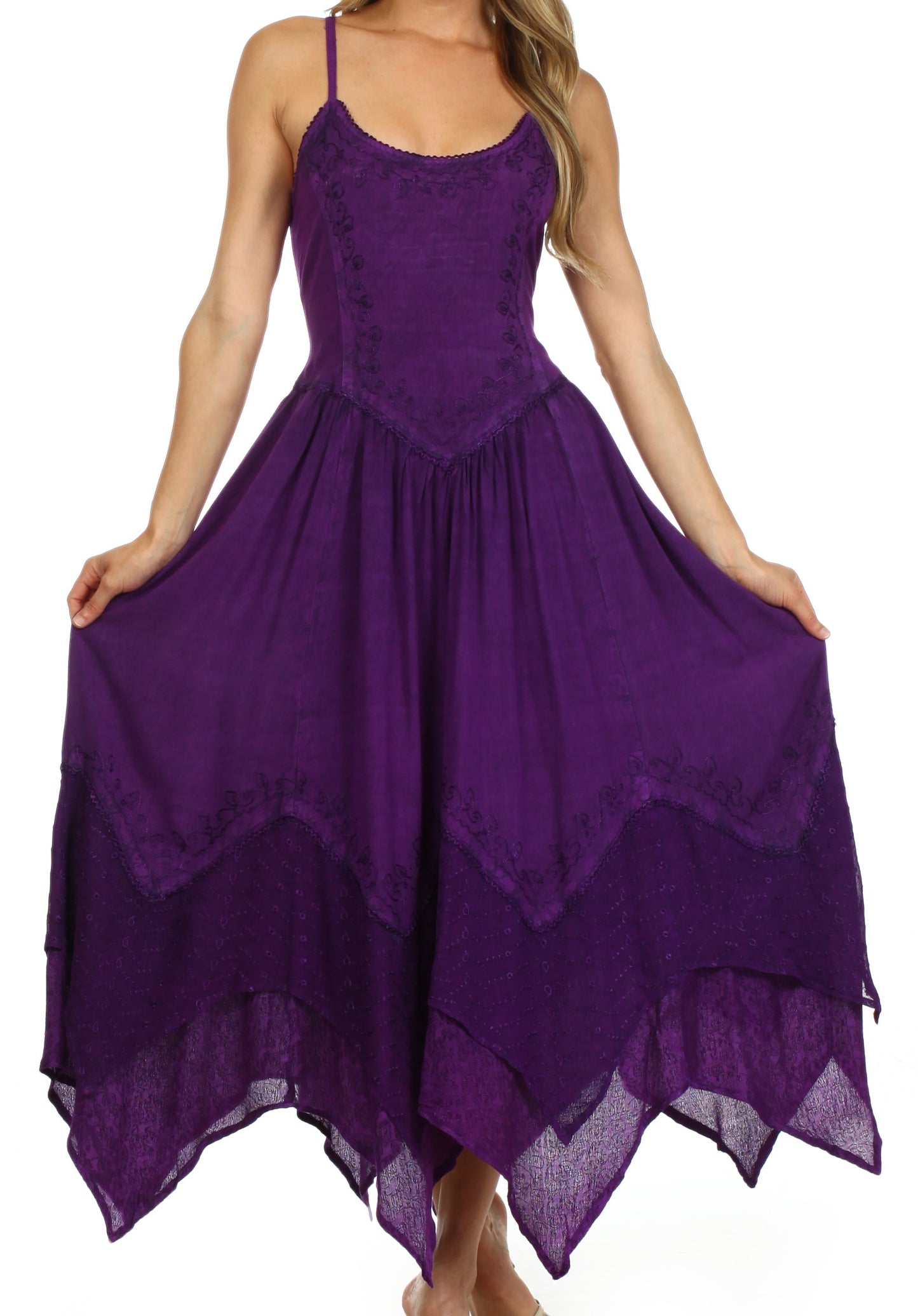 Sakkas Rayon Embroidered Stonewashed Adjustable Spaghetti Straps Long Dress