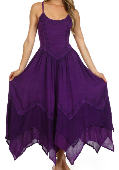 Sakkas Rayon Embroidered Stonewashed Adjustable Spaghetti Straps Long Dress