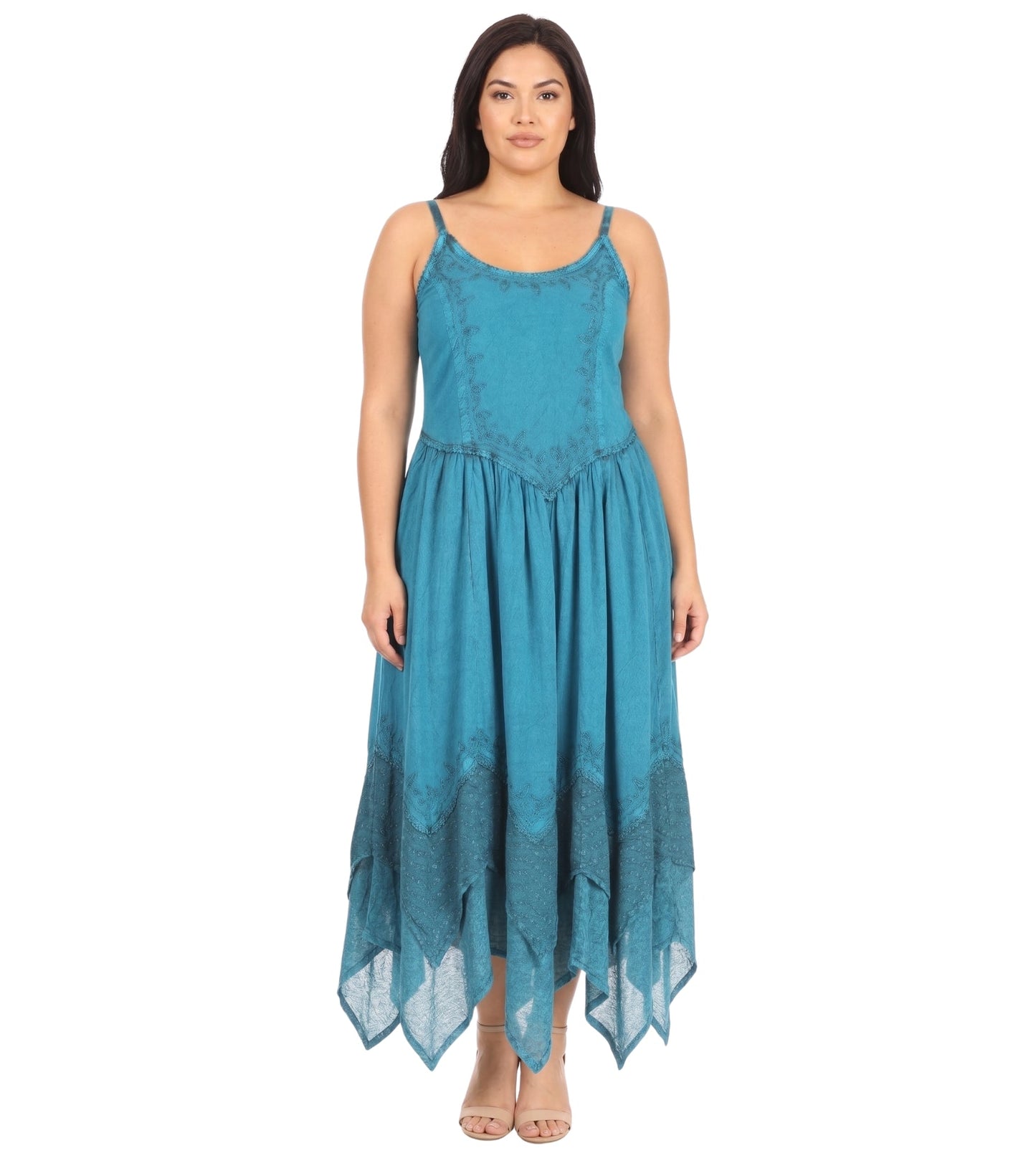 Sakkas Rayon Embroidered Stonewashed Adjustable Spaghetti Straps Long Dress