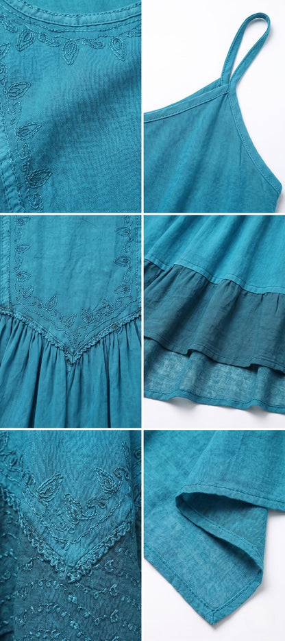 Sakkas Rayon Embroidered Stonewashed Adjustable Spaghetti Straps Long Dress