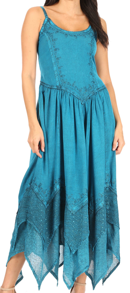 Sakkas Rayon Embroidered Stonewashed Adjustable Spaghetti Straps Long Dress