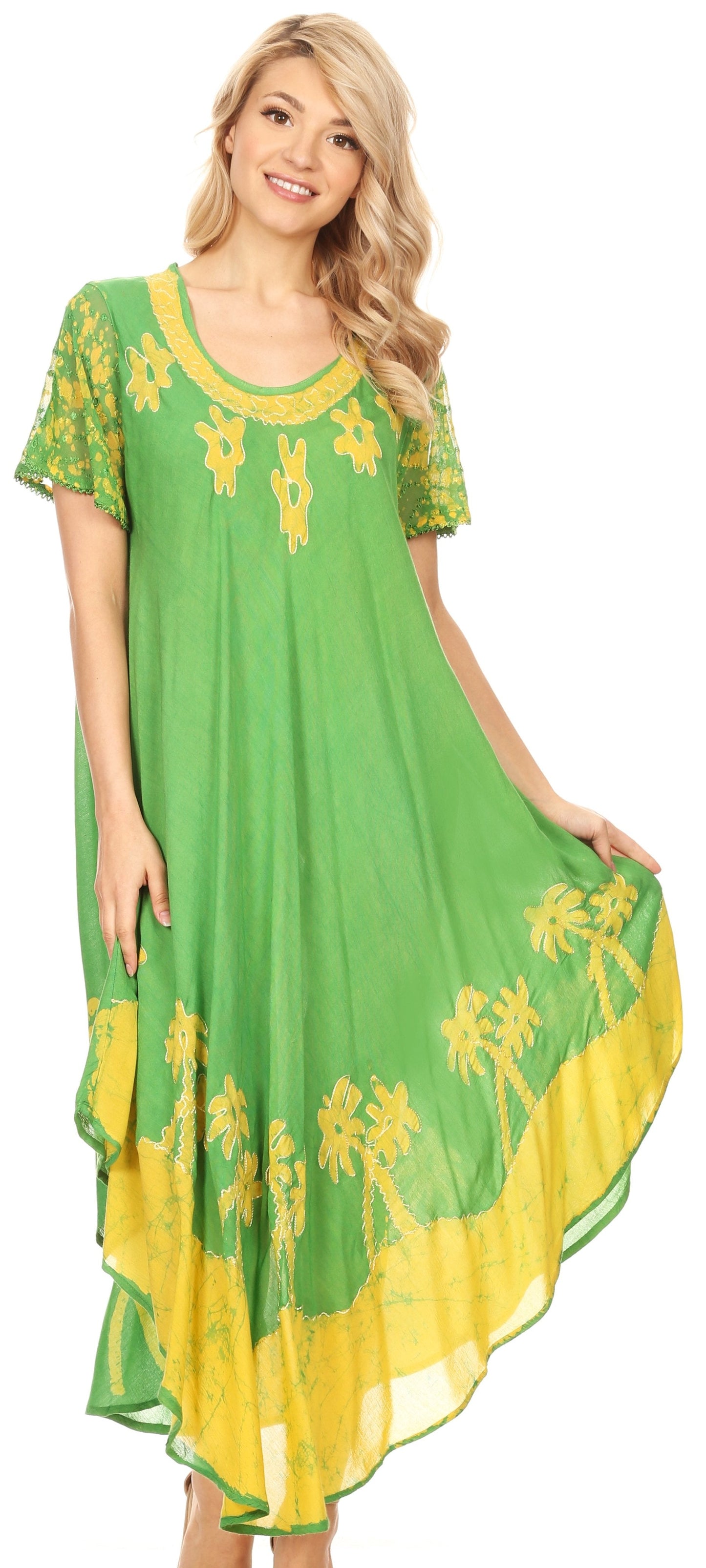 Sakkas Batik Palm Tree Cap Sleeve Caftan Dress / Cover Up