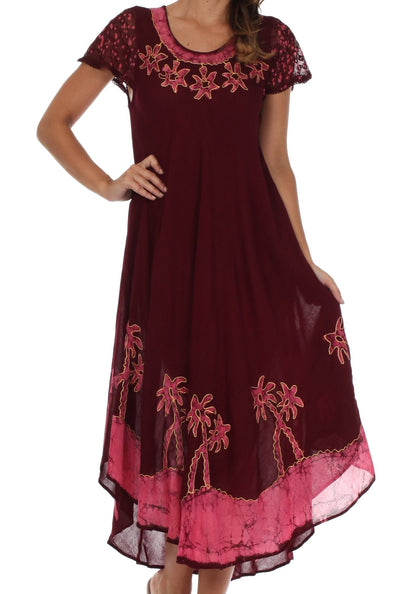 Sakkas Batik Palm Tree Cap Sleeve Caftan Dress / Cover Up