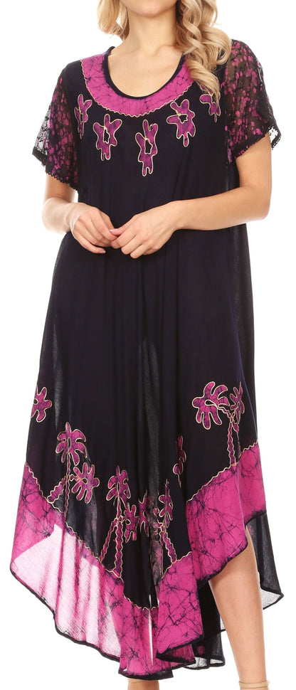 Sakkas Batik Palm Tree Cap Sleeve Caftan Dress / Cover Up