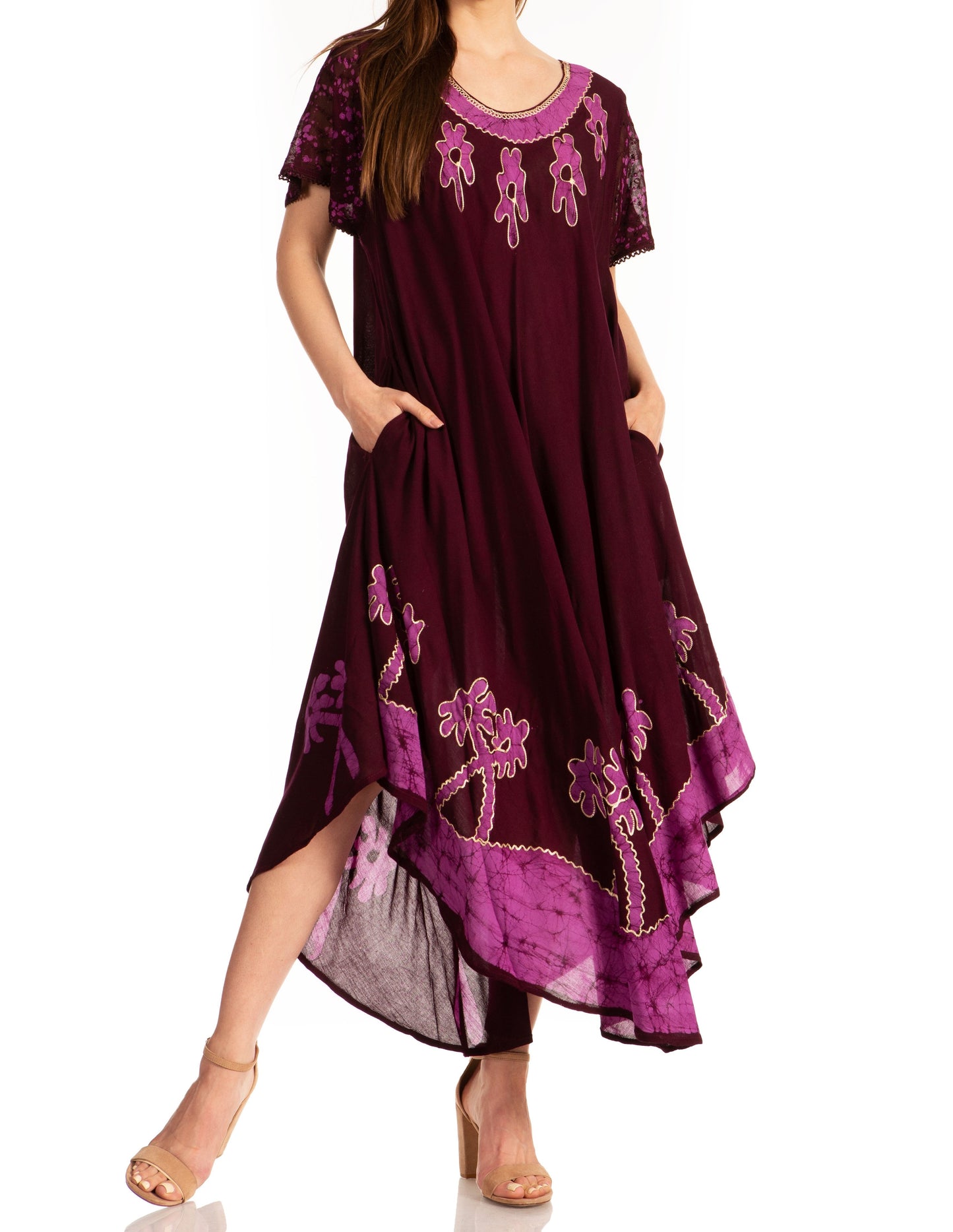 Sakkas Batik Palm Tree Cap Sleeve Caftan Dress / Cover Up