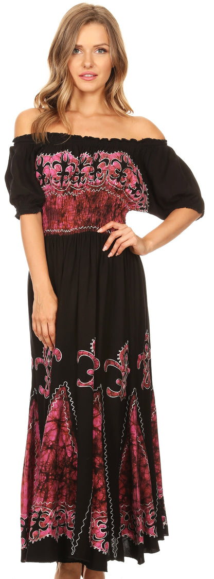 Sakkas Batik Fleur De Lis Embroidered Peasant Dress