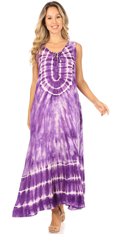Sakkas Leonor Women's Maxi Sleeveless Tank Long Print Dress with Pockets and Ties