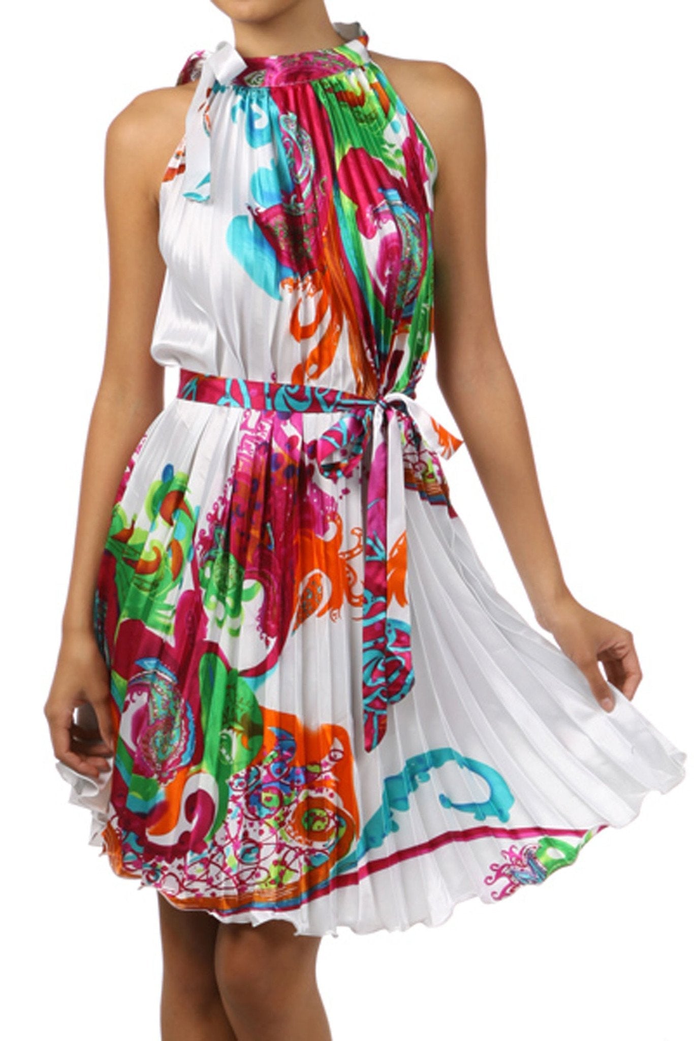 Satin Pleated Short Sleeveless Dress with Paisley Design