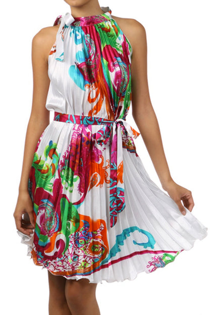 Satin Pleated Short Sleeveless Dress with Paisley Design