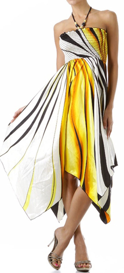 Swirl Design Satin Feel Beaded Halter Smocked Bodice Handkerchief Hem Dress
