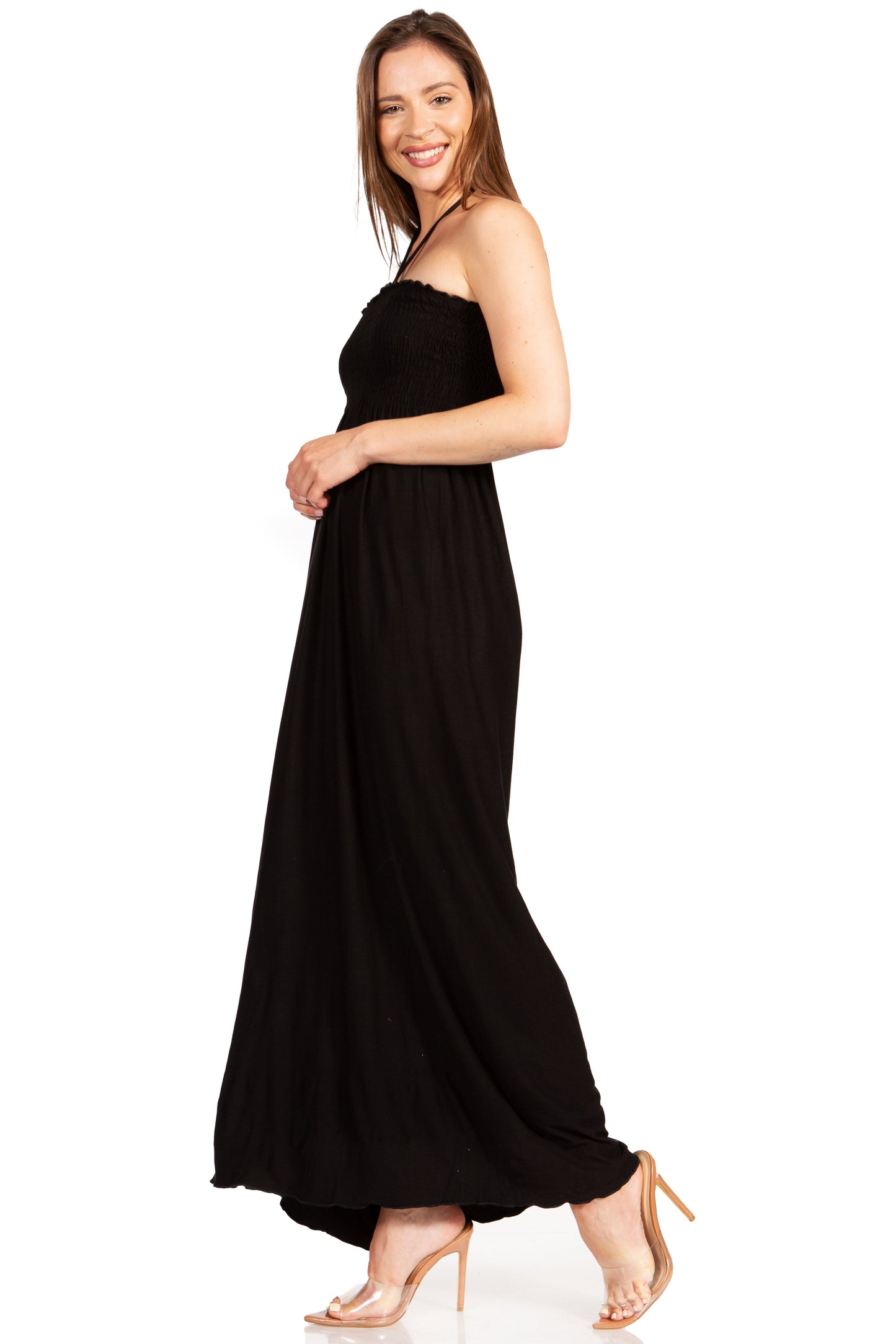 Sakkas Soft Jersey Feel Solid Color Smocked Bodice String Halter Long Dress