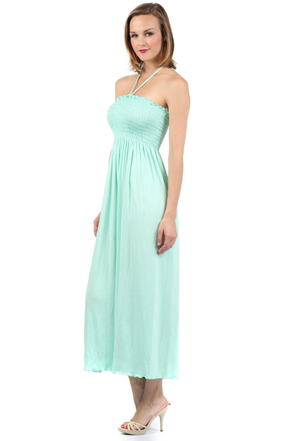 Sakkas Soft Jersey Feel Solid Color Smocked Bodice String Halter Long Dress