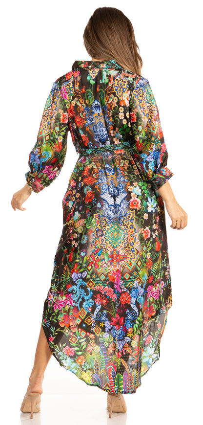Sakkas Rina Women's Floral Print Maxi Dress with Long Sleeves and Flounce Shirt Design
