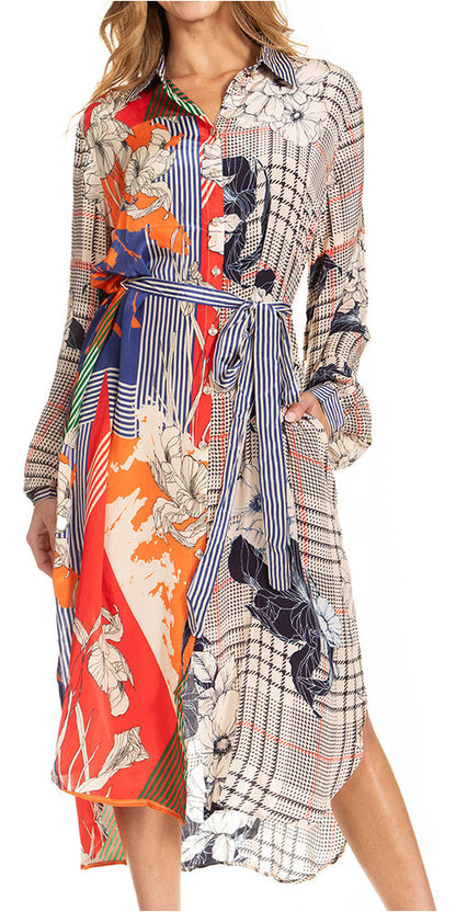 Sakkas Rina Women's Floral Print Maxi Dress with Long Sleeves and Flounce Shirt Design