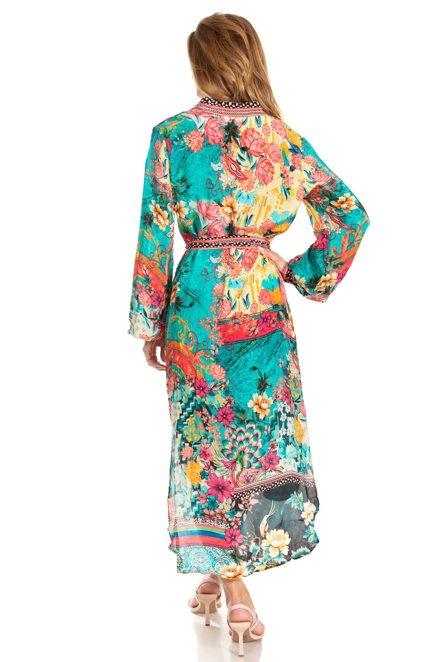 Sakkas Rina Women's Floral Print Maxi Dress with Long Sleeves and Flounce Shirt Design