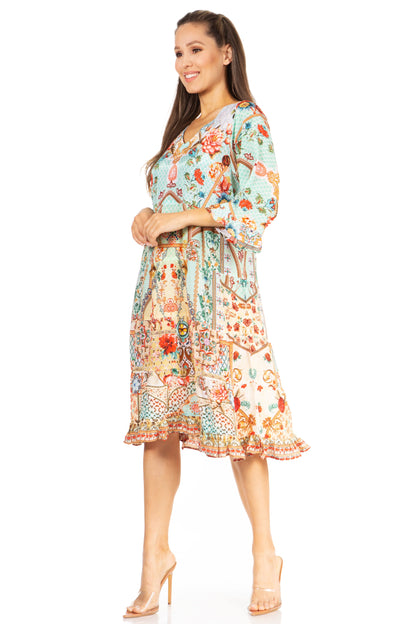 Sakkas Ozana Women's Floral Midi Cocktail Dress, V-Neck, 3/4 Sleeve