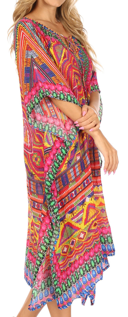Sakkas Jenni Women's Mid Length Boho Caftan Kaftan Dress Cover up Flowy Rhinestone