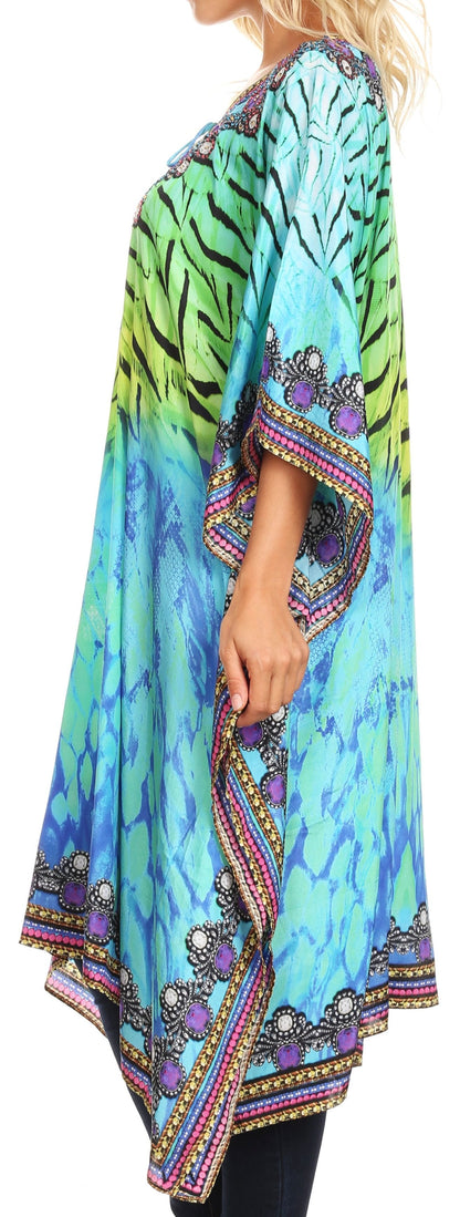 Sakkas Jenni Women's Mid Length Boho Caftan Kaftan Dress Cover up Flowy Rhinestone