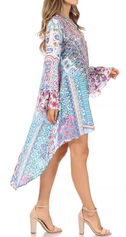 Sakkas Rema Women's Boho Shift Tunic High Low  V-neck Long Sleeve Dress with Print