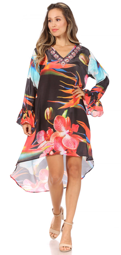 Sakkas Rema Women's Boho Shift Tunic High Low  V-neck Long Sleeve Dress with Print