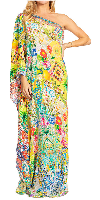 Sakkas Dora Women's One Shoulder Short Sleeve Casual Elegant Maxi Dress with Print