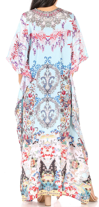 Sakkas Yeni Women's Short Sleeve V-neck Summer Floral Long Caftan Dress Cover-up