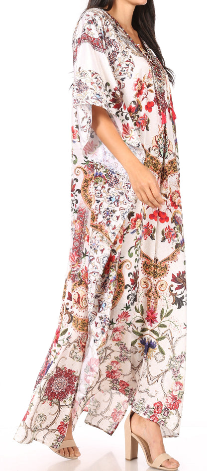Sakkas Yeni Women's Short Sleeve V-neck Summer Floral Long Caftan Dress Cover-up
