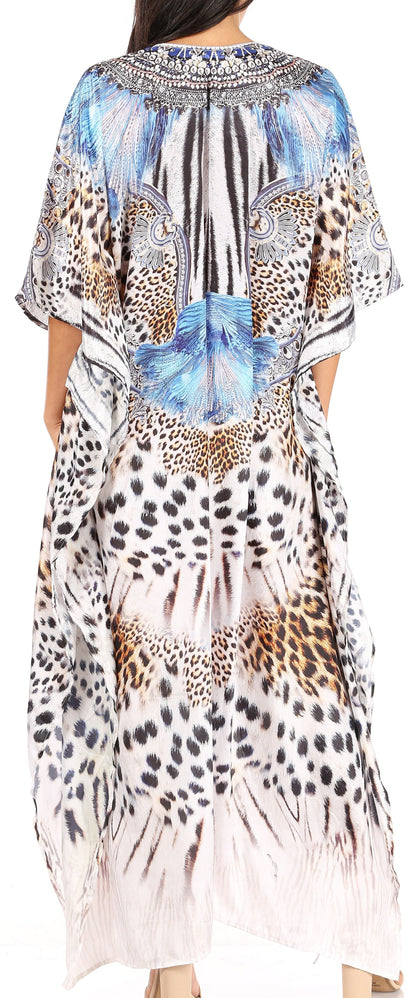 Sakkas Yeni Women's Short Sleeve V-neck Summer Floral Long Caftan Dress Cover-up