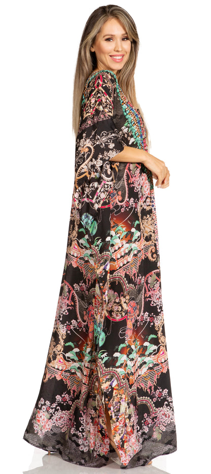 Sakkas Yeni Women's Short Sleeve V-neck Summer Floral Long Caftan Dress Cover-up