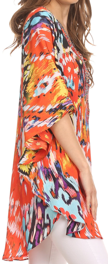 Sakkas Tallulah Wide Circle Blouse V Neck Top With Tassle Ties And Rhinestones