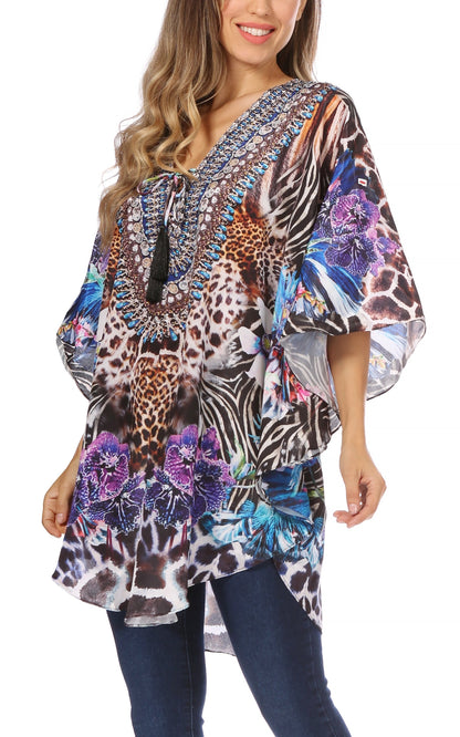 Sakkas Tallulah Wide Circle Blouse V Neck Top With Tassle Ties And Rhinestones