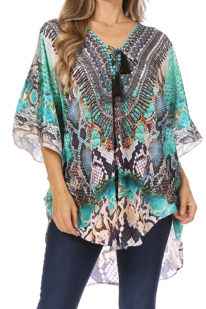 Sakkas Tallulah Wide Circle Blouse V Neck Top With Tassle Ties And Rhinestones
