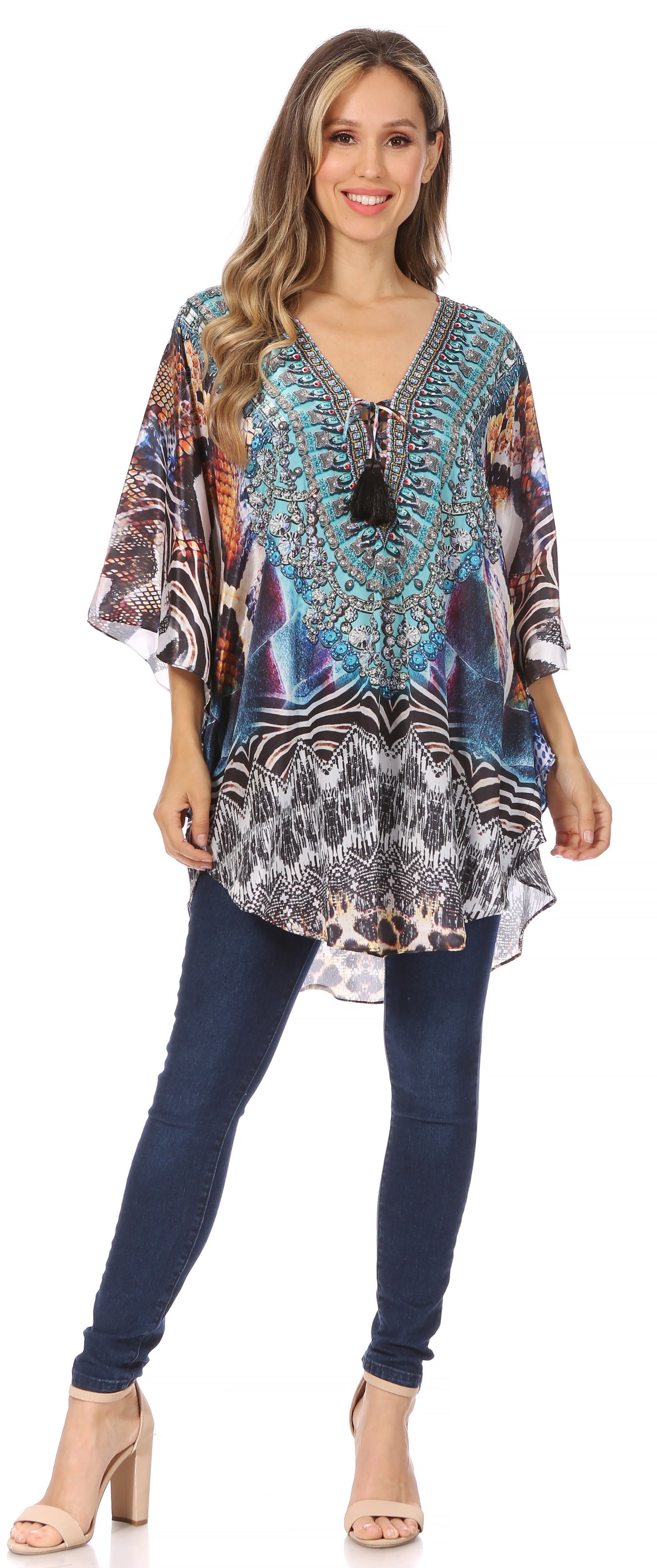 Sakkas Tallulah Wide Circle Blouse V Neck Top With Tassle Ties And Rhinestones