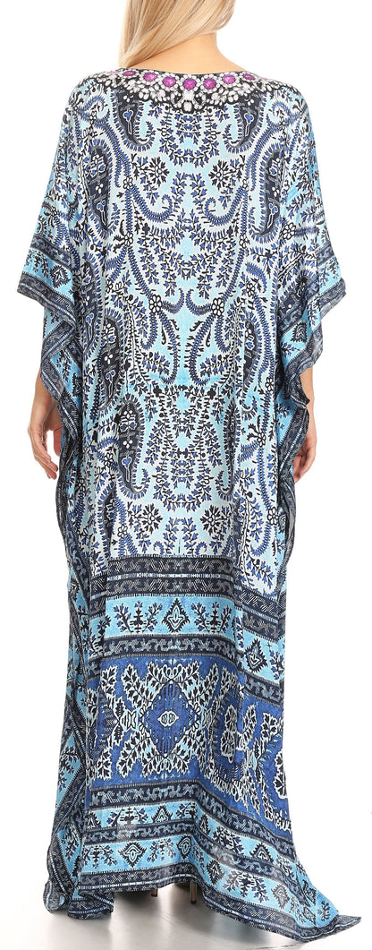 Sakkas Anahi Flowy Design V Neck Long Caftan Dress / Cover Up With Rhinestone