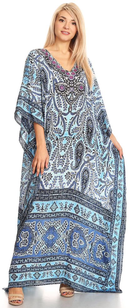 Sakkas Anahi Flowy Design V Neck Long Caftan Dress / Cover Up With Rhinestone