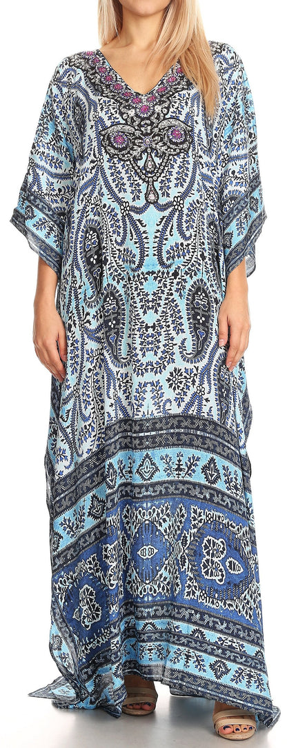 Sakkas Anahi Flowy Design V Neck Long Caftan Dress / Cover Up With Rhinestone