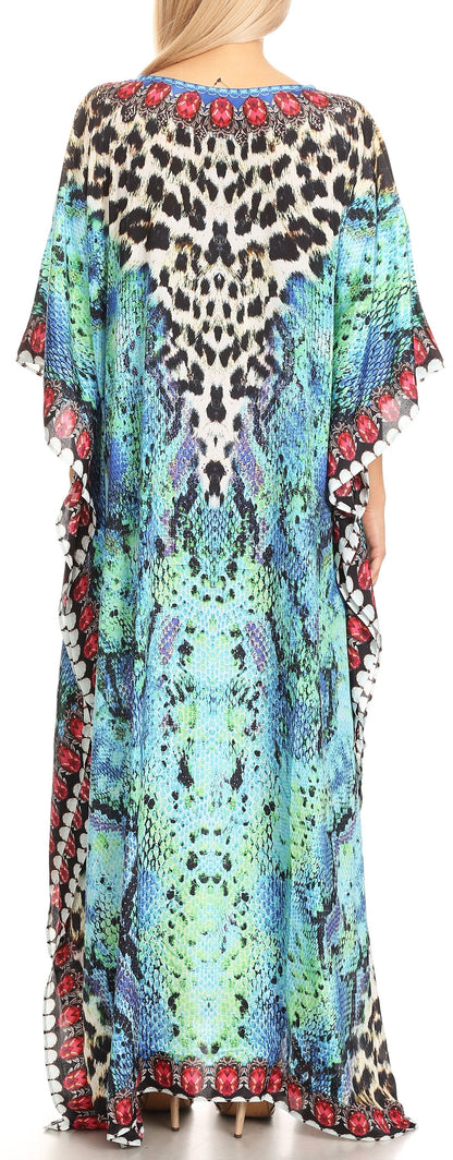 Sakkas Anahi Flowy Design V Neck Long Caftan Dress / Cover Up With Rhinestone