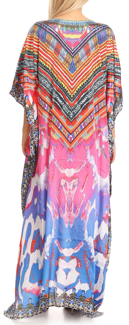 Sakkas Anahi Flowy Design V Neck Long Caftan Dress / Cover Up With Rhinestone