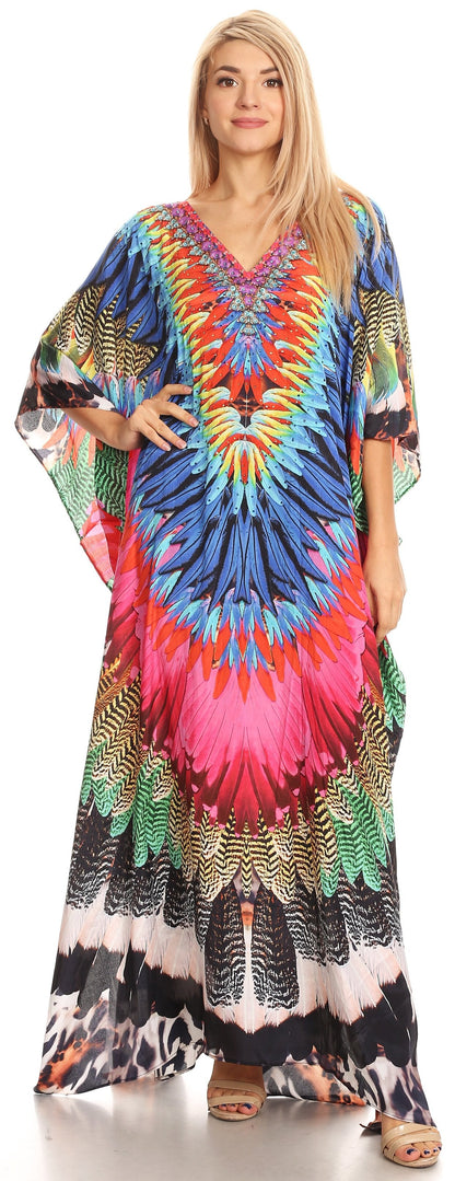 Sakkas Anahi Flowy Design V Neck Long Caftan Dress / Cover Up With Rhinestone