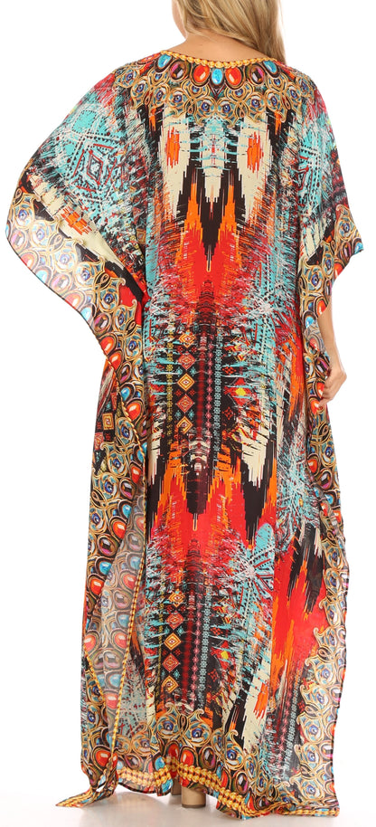 Sakkas Anahi Flowy Design V Neck Long Caftan Dress / Cover Up With Rhinestone