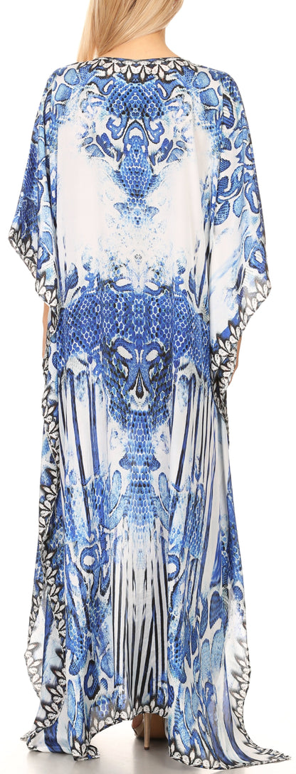 Sakkas Anahi Flowy Design V Neck Long Caftan Dress / Cover Up With Rhinestone