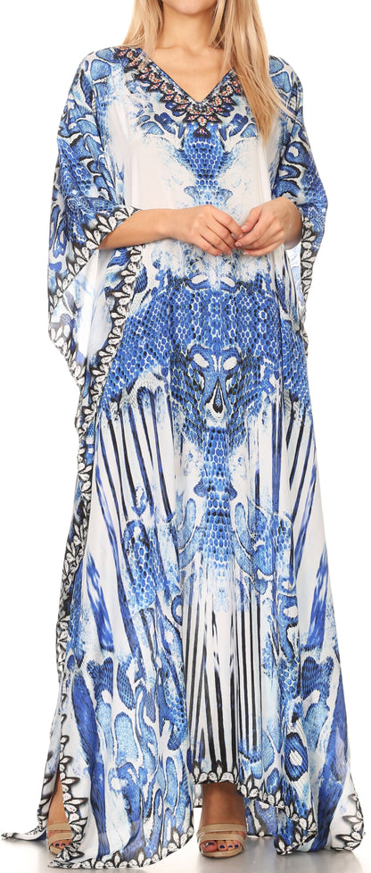 Sakkas Anahi Flowy Design V Neck Long Caftan Dress / Cover Up With Rhinestone