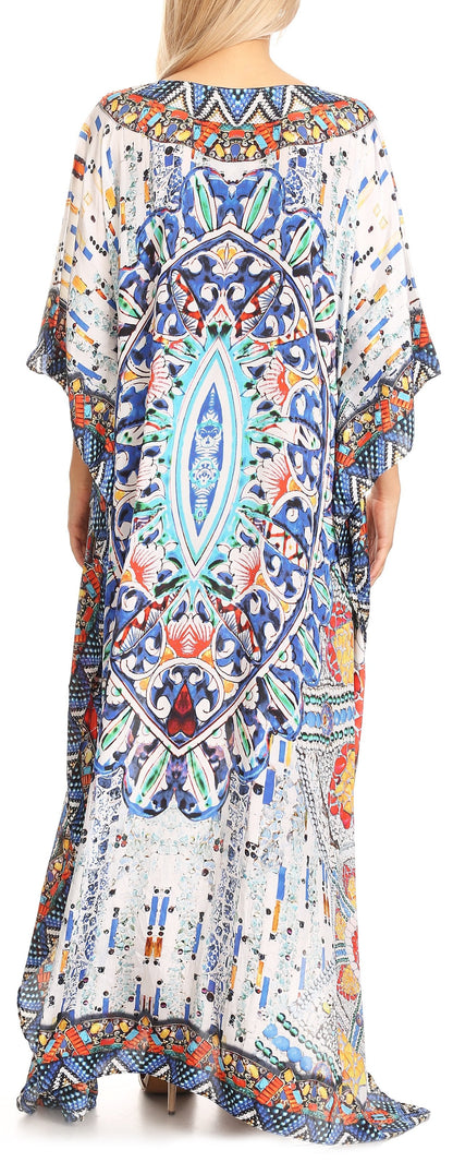 Sakkas Anahi Flowy Design V Neck Long Caftan Dress / Cover Up With Rhinestone