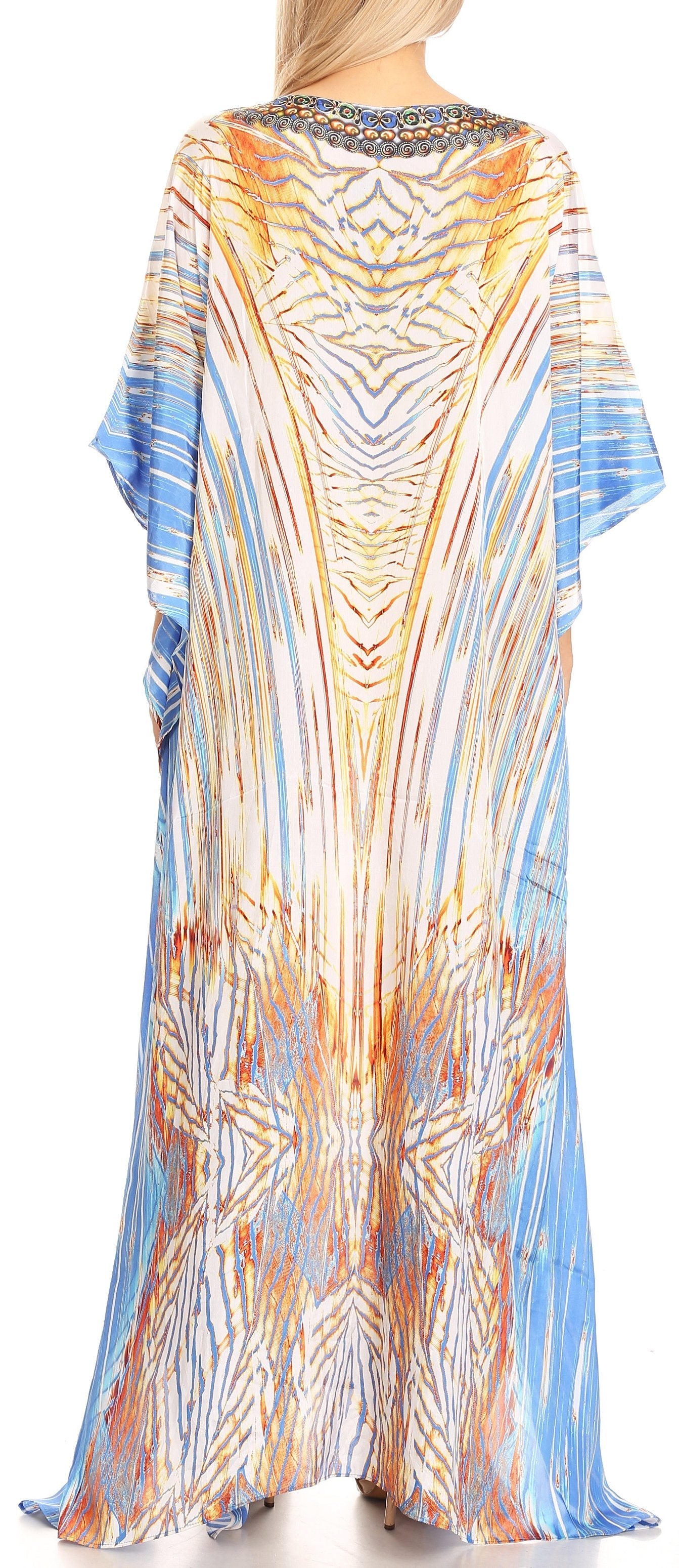 Sakkas Anahi Flowy Design V Neck Long Caftan Dress / Cover Up With Rhinestone