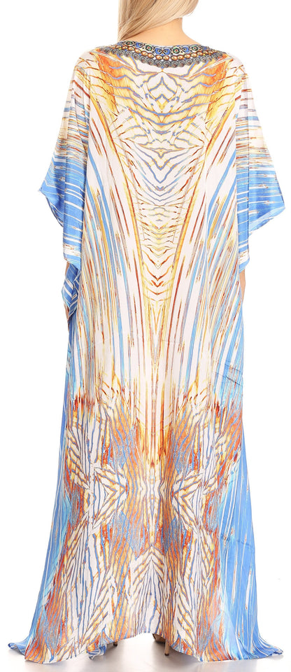 Sakkas Anahi Flowy Design V Neck Long Caftan Dress / Cover Up With Rhinestone