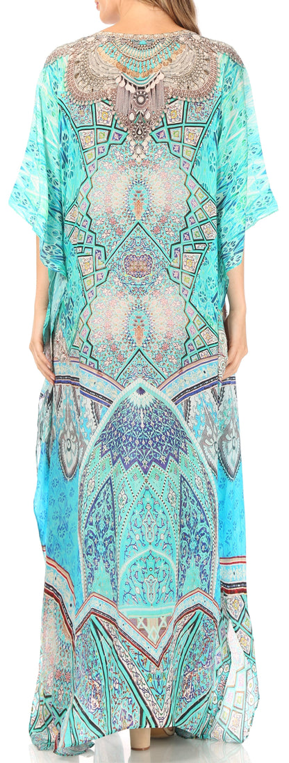 Sakkas Anahi Flowy Design V Neck Long Caftan Dress / Cover Up With Rhinestone