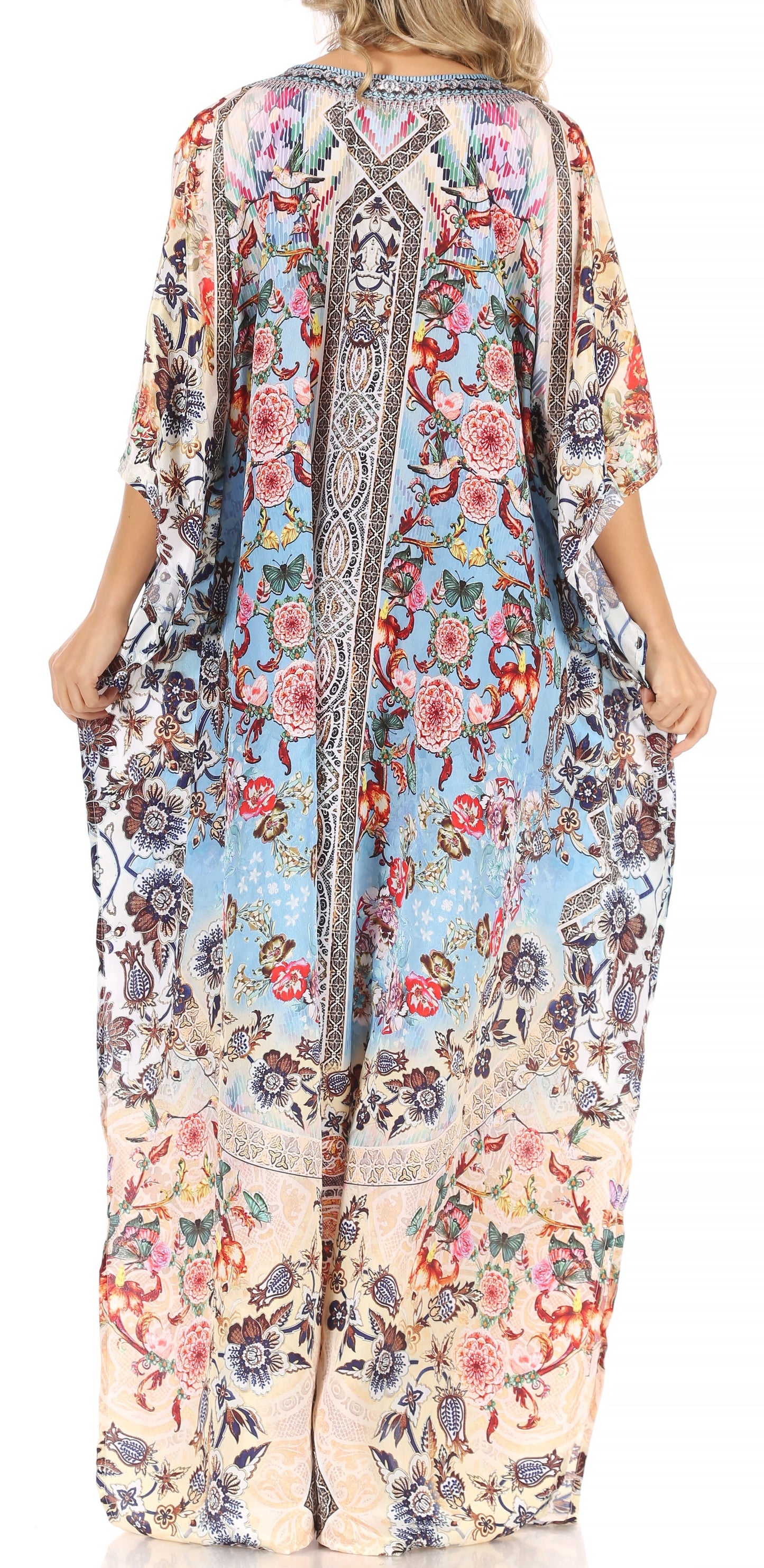 Sakkas Anahi Flowy Design V Neck Long Caftan Dress / Cover Up With Rhinestone