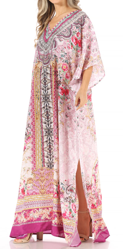Sakkas Anahi Flowy Design V Neck Long Caftan Dress / Cover Up With Rhinestone